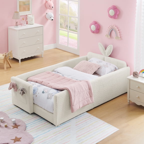Sesslife Upholstered Twin Size Platform Bed for Boys Girls, Twin Size Floor Bed with Cute Rabbit Ear Shaped Headboard, Safety Guardrail and Pocket, Floor Daybed for Little Boys Girls, Beige