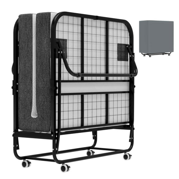 Folding Bed Collection Adult Metal Twin Steel Frame Memory Foam with Wheels Black White Grey