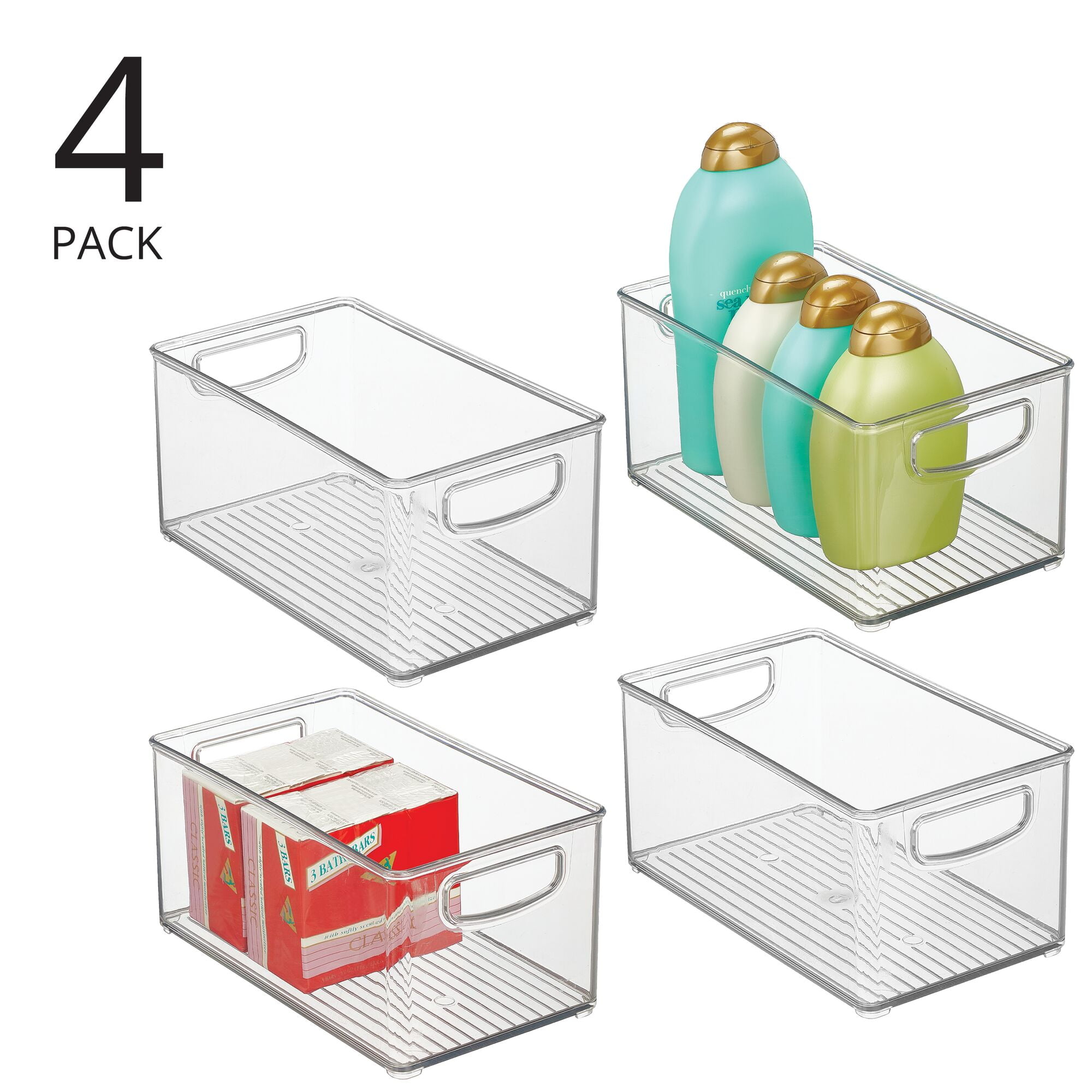 4ct mDesign Plastic Modern Bathroom Storage Organizer Bin, Handles, 4 Pack, Clear