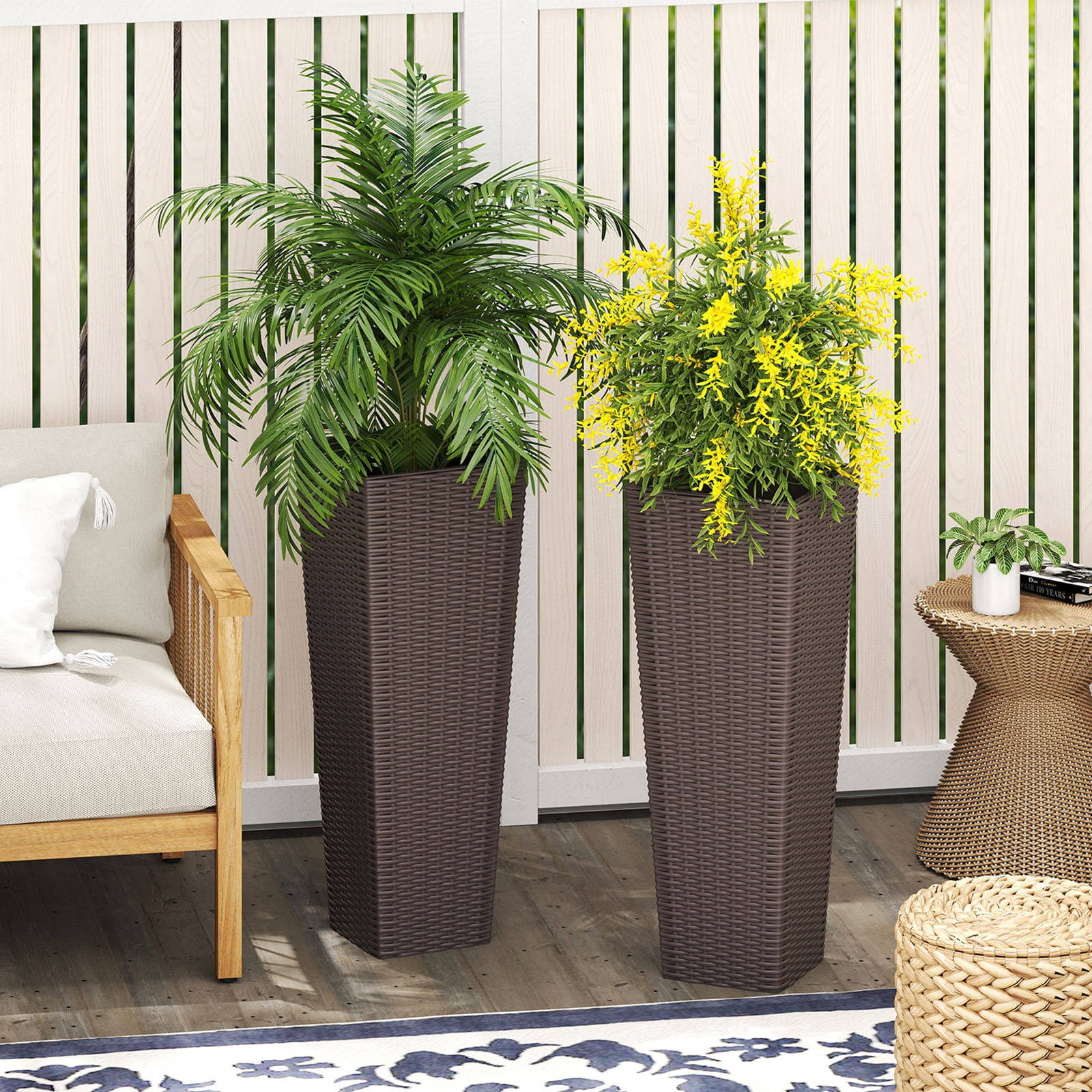 Patiojoy Set of 2 Planters for Outdoor Plants Tall Tapered Plants w/Inner Trays Drainage Holes Coffee
