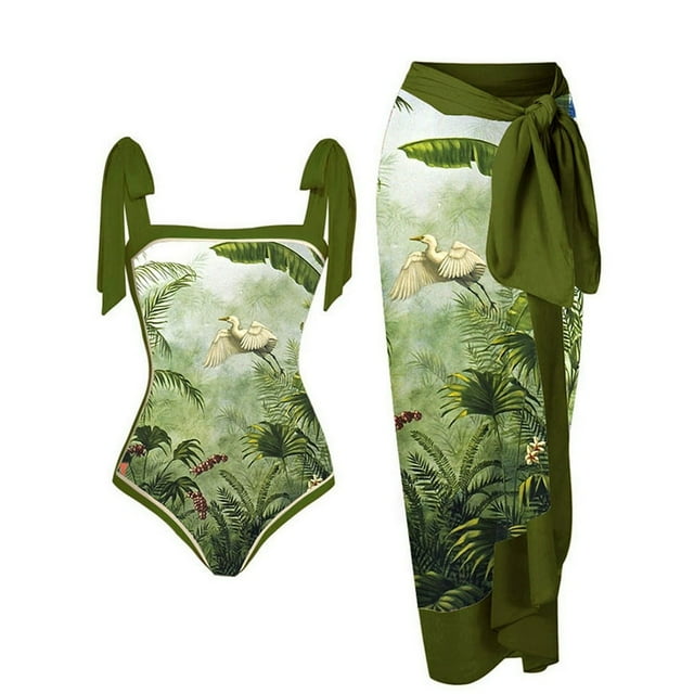 Maillot de Bain une Pièce pour Femmes avec Jupe de Plage, Paréo, Imprimé Floral Rétro, Ensemble Bikini Deux Pièces