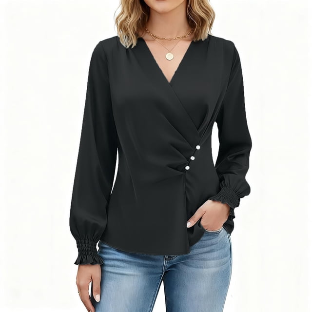 RKSTN Women's Satin Silk T Shirts Oversized Dressy V Neck Elegant Pleated Front Puff Long Sleeve Shirts Womens Casual Solid Plus Size Loose Fits Comfy Formal Business Baggy Work Office Blouses