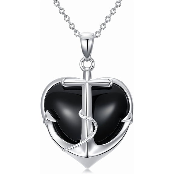 AOBOCO Anchor Necklace 925 Sterling Silver Nautical Pendant with Black Onyx Necklace for Women