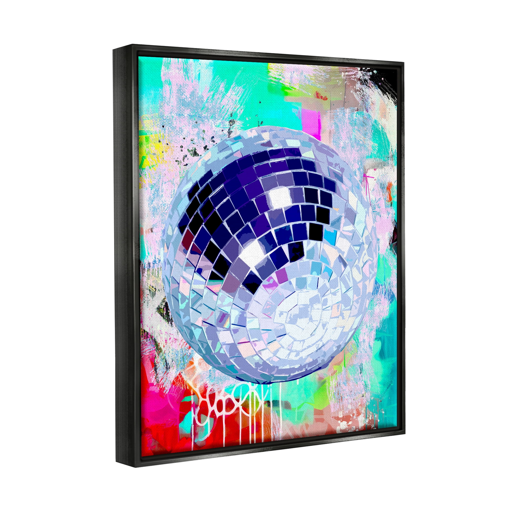 Stupell Industries Disco Ball on Graffiti Abstract Painting Black Floater Framed Art Print Wall Art, 17 x 21