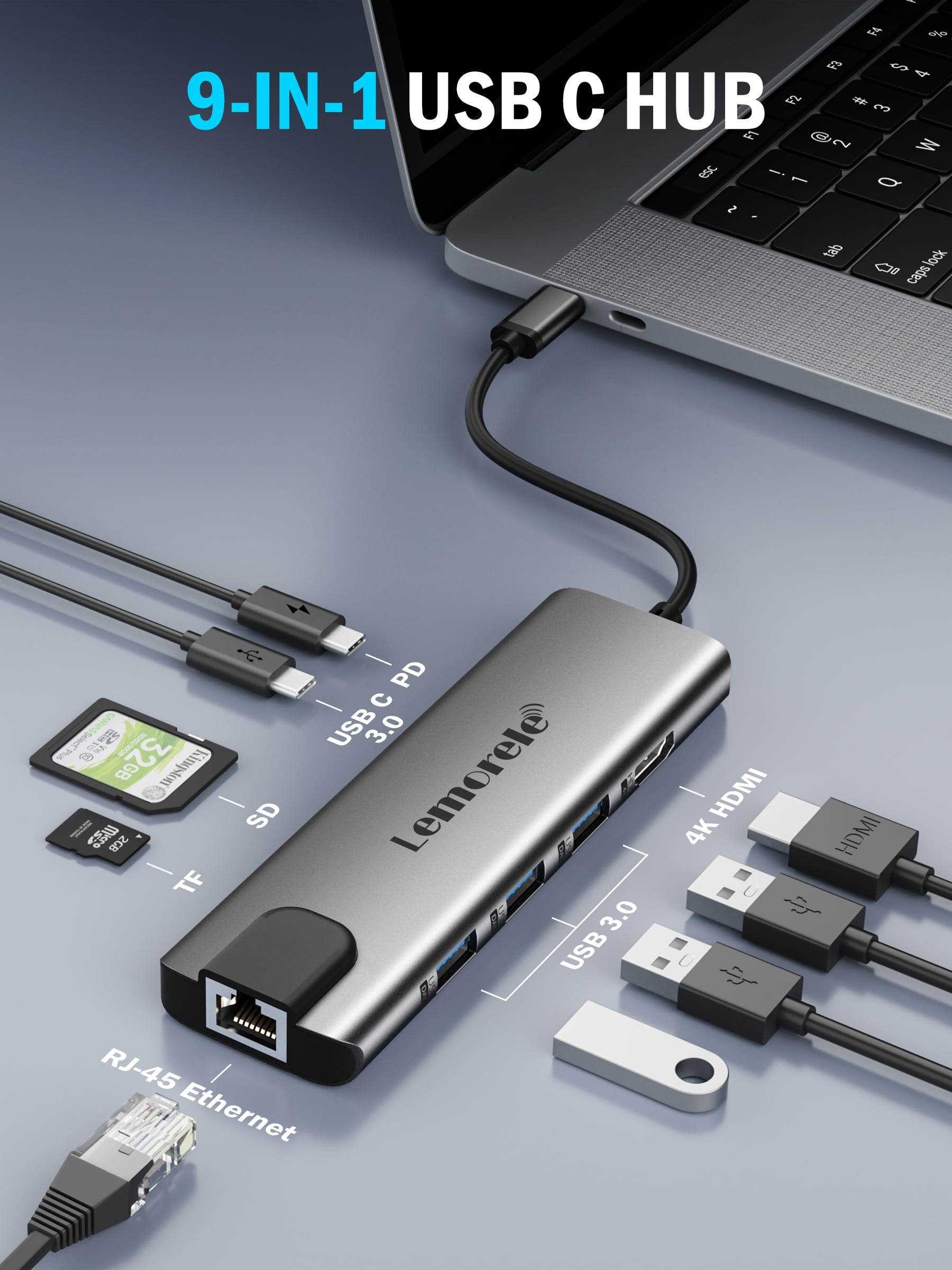 Lemorele 9 in 1 Laptops Docking Station with Gigabit Ethernet, 100W PD Charging, 4K HDMI, 5Gbps USB C/A Data Port,SD/TF Card Reader,Multiport Adapter USB C Hub for MacBook, Windows