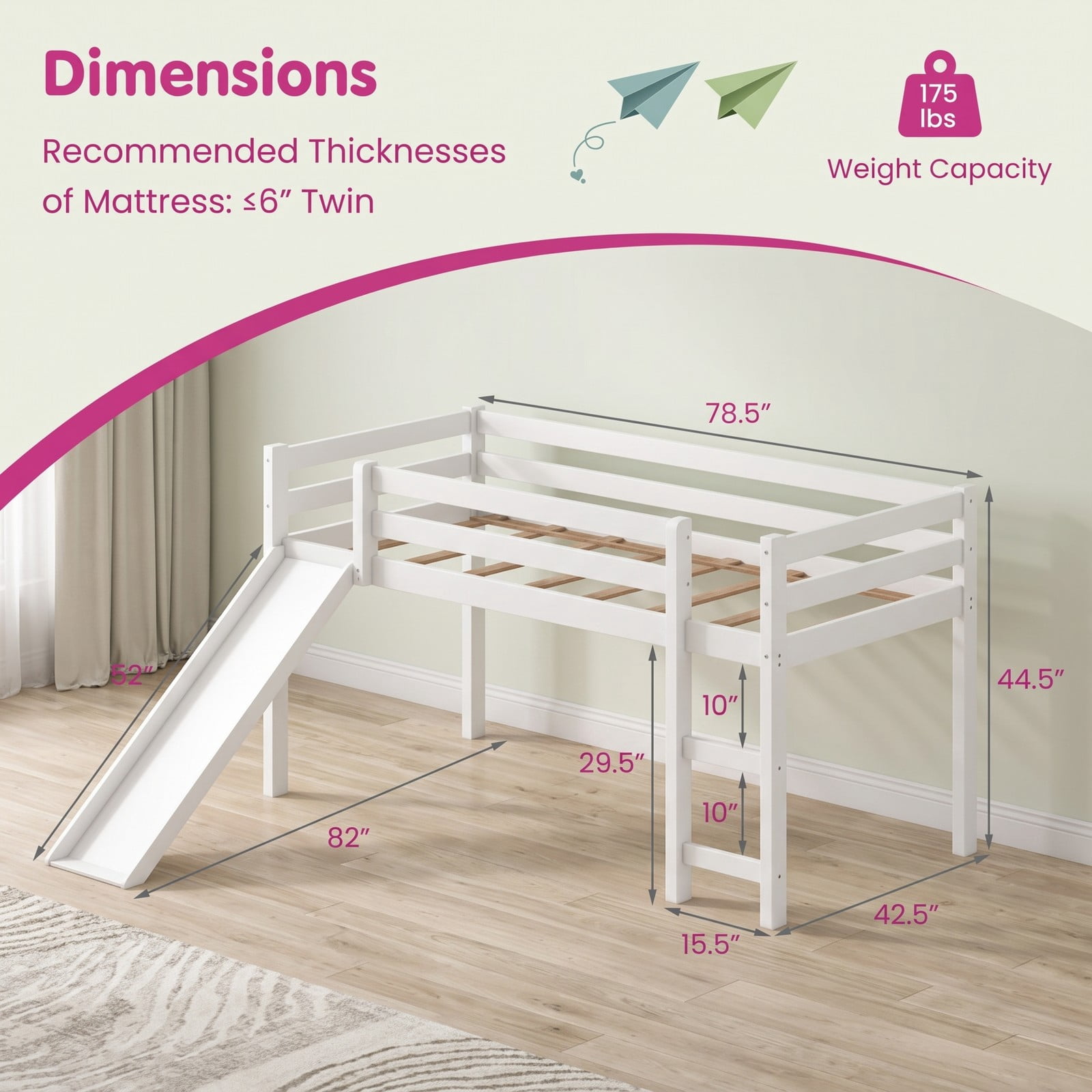 Furnibear Twin Size Low Loft Bed with Slide and Ladder for Kids Bedroom, Sturdy Wood Loft Bed Frame with Guardrails, Space-Saving, White
