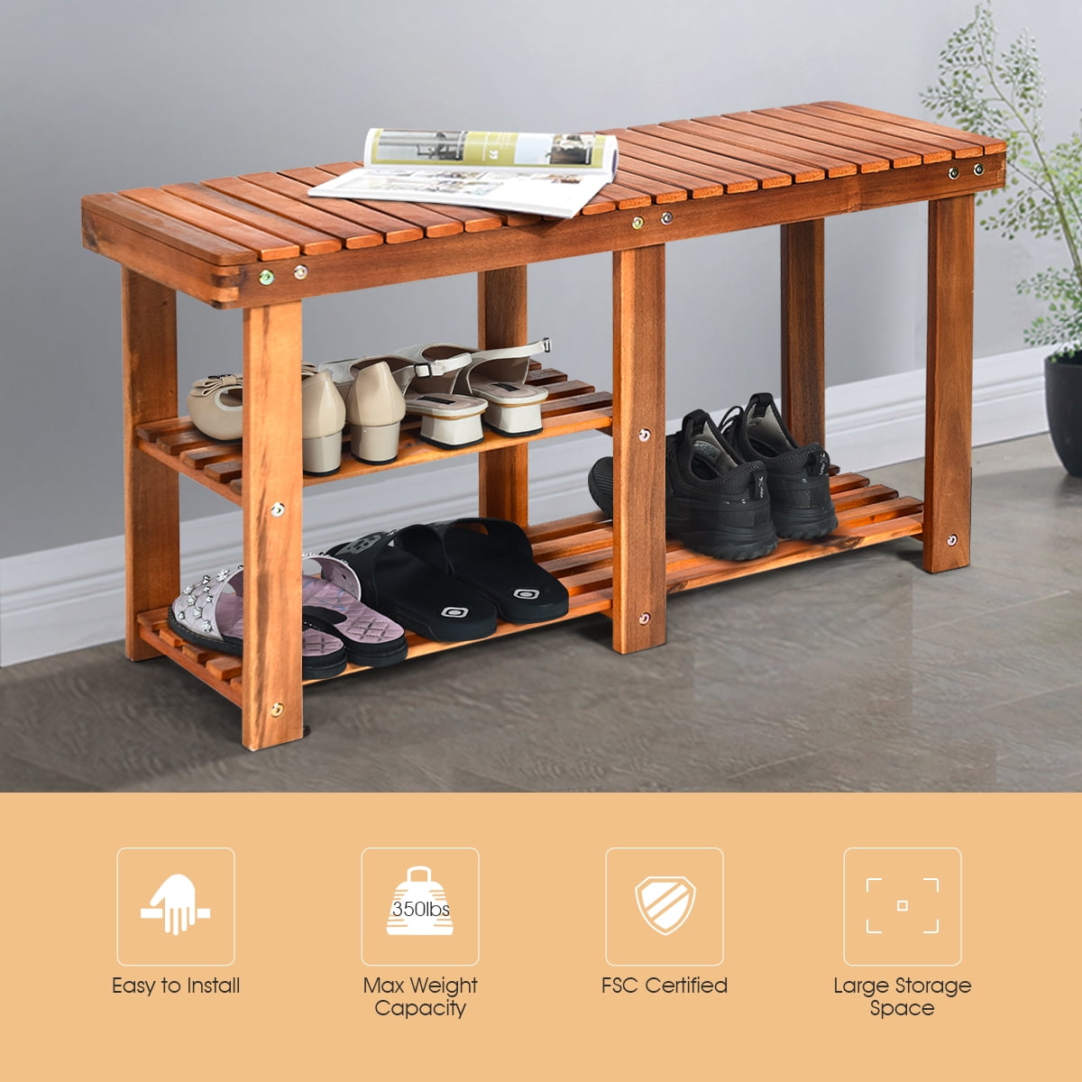 Costway 3-Tier Wood Shoe Rack Shoe Bench Freestanding Boots Storage Organizer Heavy-duty