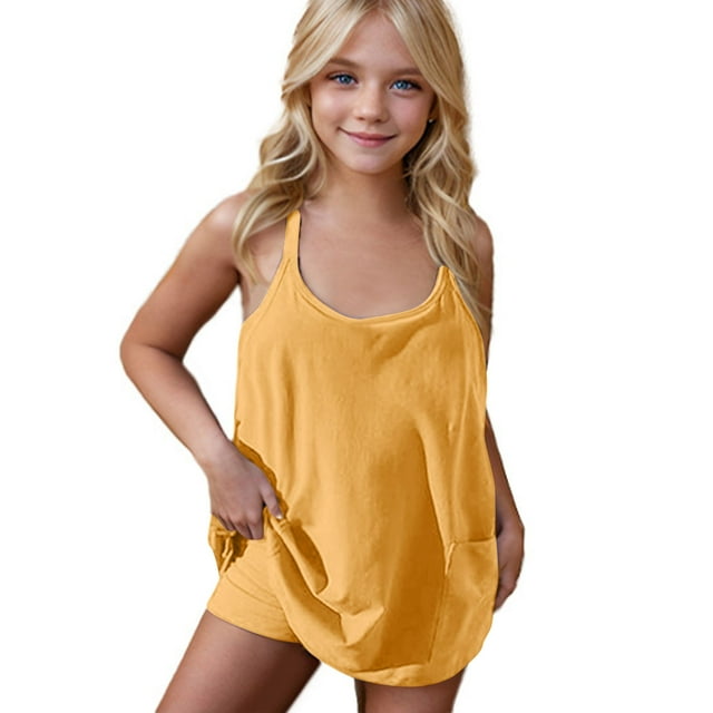 lcziwo Robe de Tennis d'Entraînement pour Filles avec Shorts, Bretelles Spaghetti, Combinaisons Courtes, Robes Décontractées d'Été Sans Manches, Combinaisons Jaunes, Ropa de Verano Para Mujer