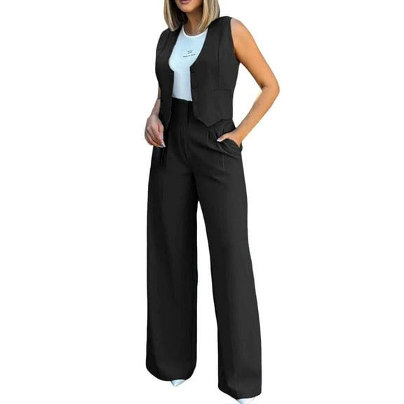 BYHONG Womens Elegant Solid Color Suit Vest Tank Cardigan Pockets Tops Wide Leg Pants Suit Womens Pant Suits Black XXL