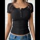 thumbnail image 4 of Camisetas de Verano de Corta con Cuello en V para Mujer, Blusa Informal de Punto Henley con Botones Negro S, 4 of 8