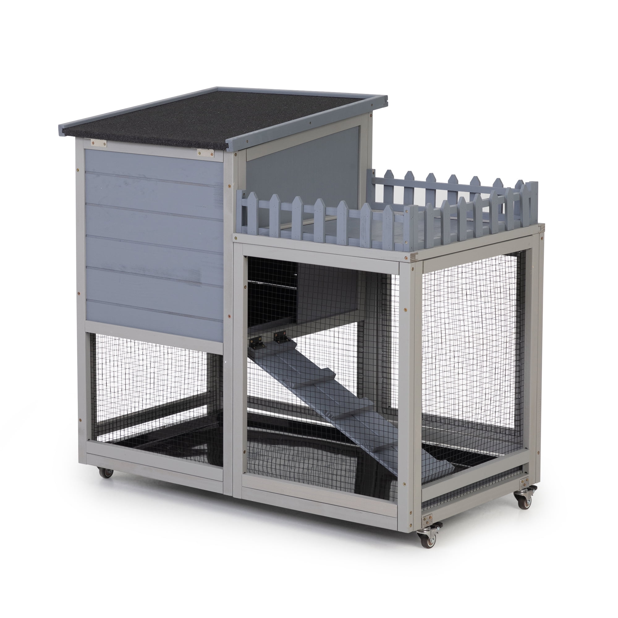 Grey Rabbit Hutch 2-Tier Wooden Bunny Cage with Wheels - Indoor/Outdoor Small Animal House for Rabbits, Guinea Pigs, Chinchillas - Waterproof Roof, Lockable Doors, Removable Tray & Ramp