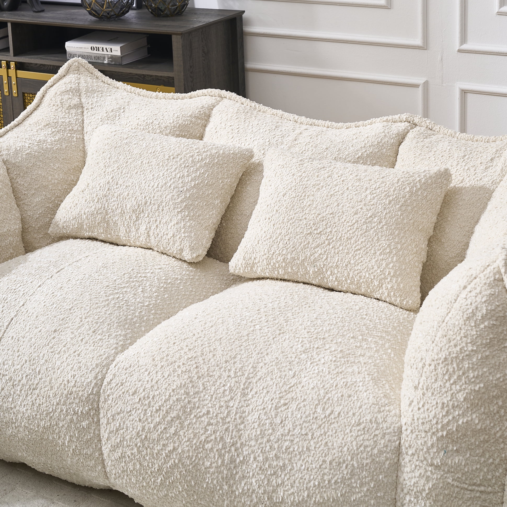 Oversized Chenille Bean Bag Couch for Two, High-Resilience Foam Floor Loveseat, 73.2in Giant Bean Bag Sofa Chair for Adults in Living Room, Bedroom, Beige