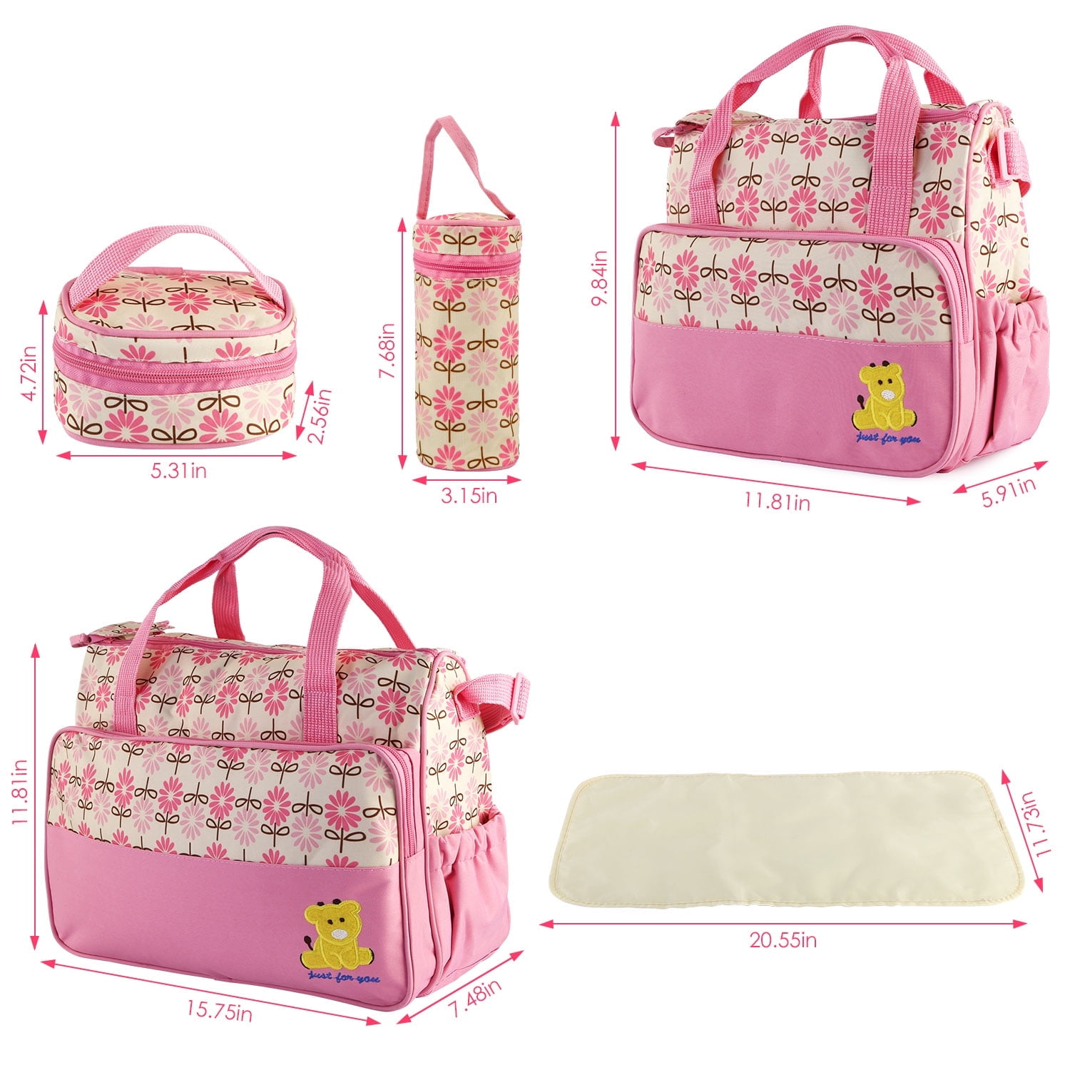 Imountek 5Pcs Diaper Bag Tote Set, Baby Diaper Bag Set with Changing Pad, Insulated Pockets, Water-Resistant Travel Tote for Mom and Dad, Pink
