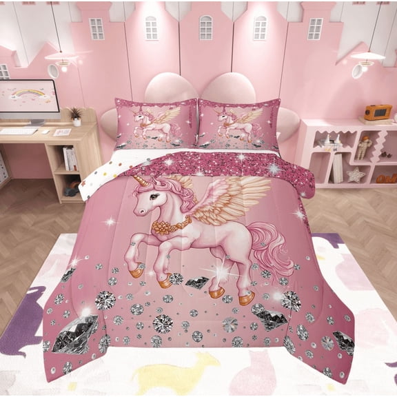 Unicorn Comforter Set Sequin Fluid Art Down Comforter,Crystal Diamond Twin Bedding Sets,Cute Dreamy Horse Quilt Set Cartoon Magical Animal Pink Room Decor