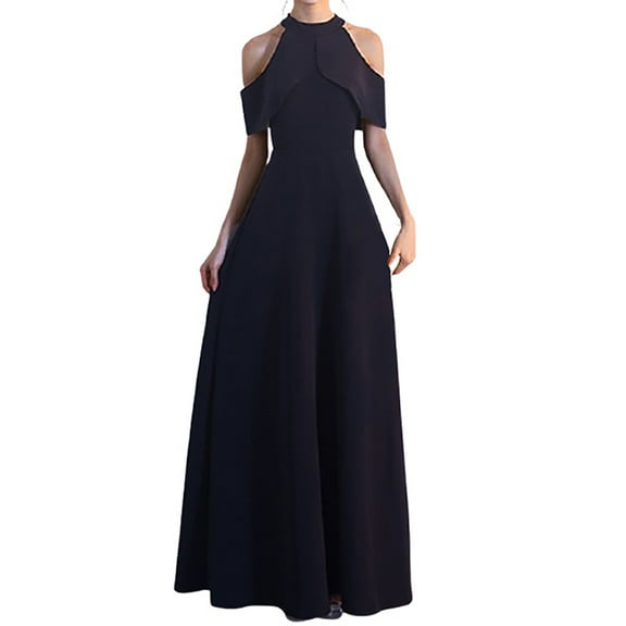 Antinious Ladies Summer Dress,Elegant Dresses for Women,Black Formal Evening Dresses for Women Solid High Elasticity Collar Mid-Calf Dress,Black,XL