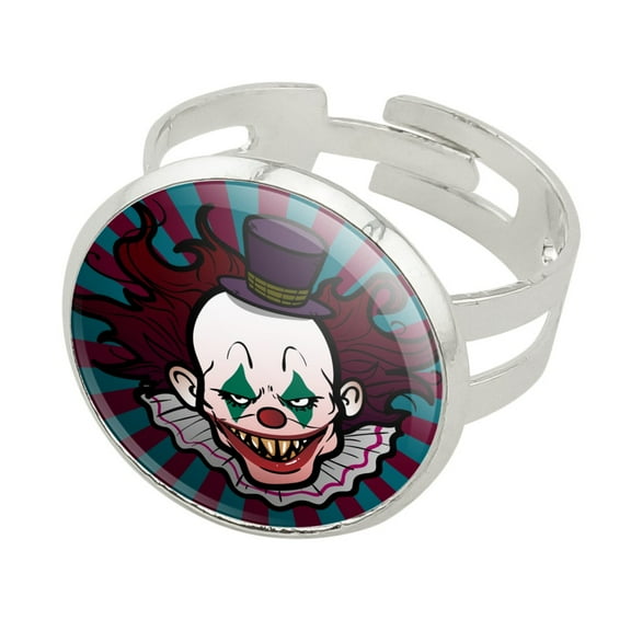 Creepy Clown with it's Balloon Silver Plated Adjustable Novelty Ring