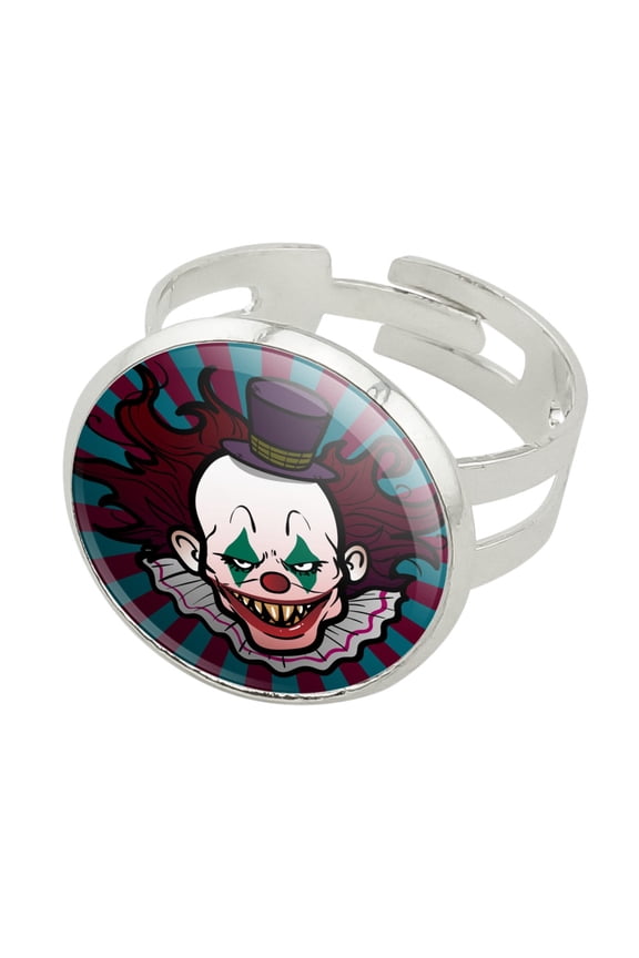 Creepy Clown with it's Balloon Silver Plated Adjustable Novelty Ring