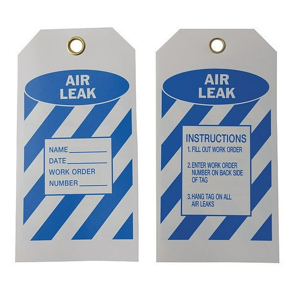 Tag, Air Leak, Polyester, 5 3/4 in H x 3 in W, Blue, White, Rectangle, 10 PK