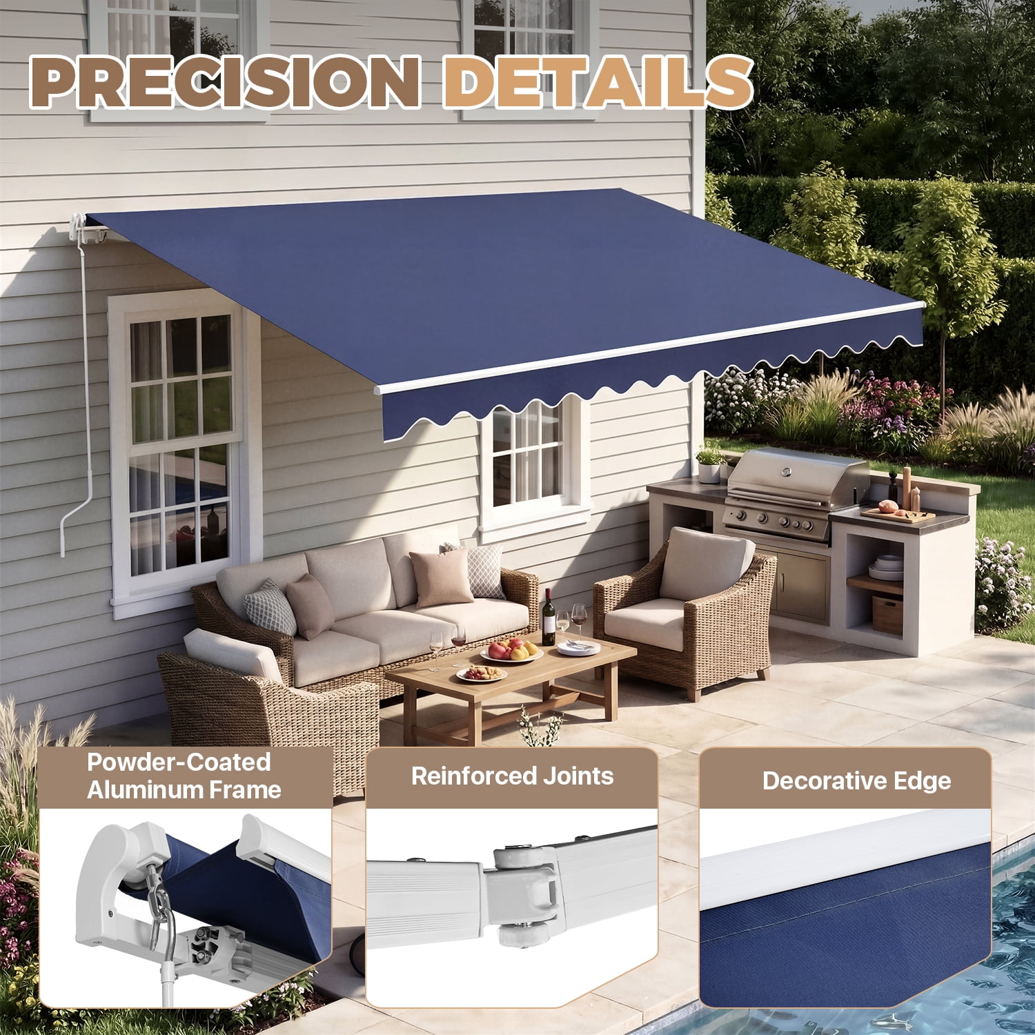 BaPiPro 12'x10' Manual Retractable Awning for Patio, Outdoor Sun Shade Waterproof Fabric Canopy with Crank Handle, UV Protection for Deck Balcony,Blue