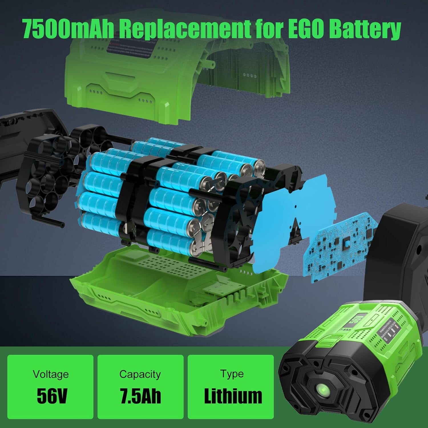 56Volt 7.5 Ah Lithium Ion Battery Replacement for EGO 56V Battery Compatible with All EGO 56V Battery Power Tools CS1604 CS1804 CS1403 HT2400 LB6504 PH1400 Tools Battery
