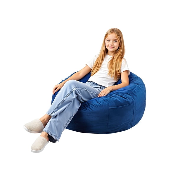 Bean Bag Chair 3ft Round, Memory Foam Filled, Washable Cover, Velvet, Blue - Bedroom/Playroom Lounger