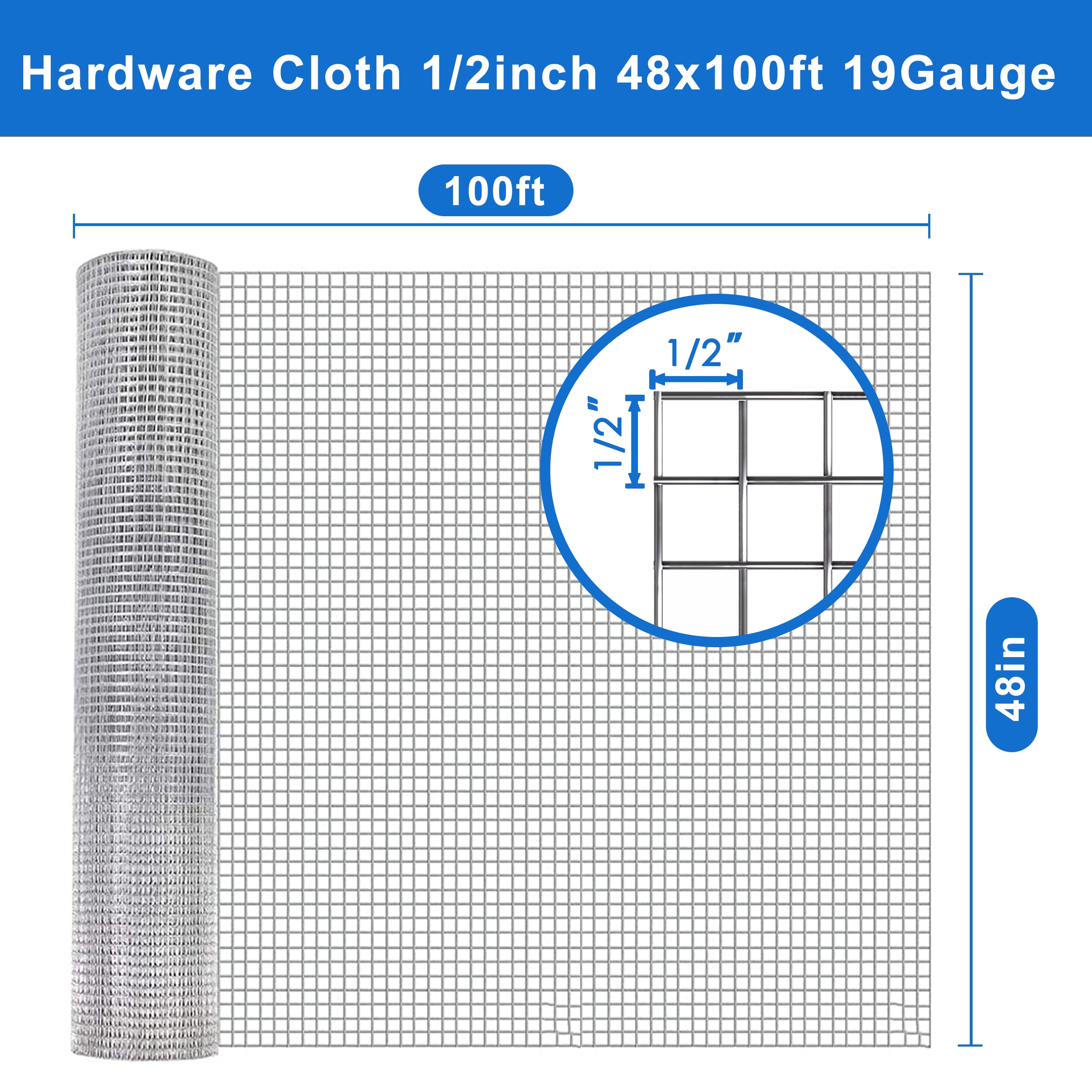 Hardware Cloth 1/2 in 48 in x 100 ft 19 Ga Chicken Wire Mesh Roll Galvanized Wire Mesh Roll Tree Guard Welded Wire Fencing Rodent Wire&Wire Fence