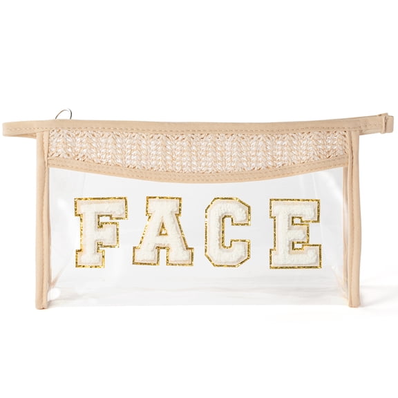 FACE Makeup Bag Large Storage Bag Toiletry Bag for Travel Supplies, Beige Straw Triangle Bag Patch Letter Zipper Bag for Women Girls