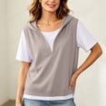 thumbnail image 6 of Feancey Womens Short Sleeve Hoodie Sweatshirts 2 In 1 V Neck Side Split Pullover Tops Color Block Casual Lightweight Hooded Sweatshirt for Office Daily Wear Khaki M, 6 of 8
