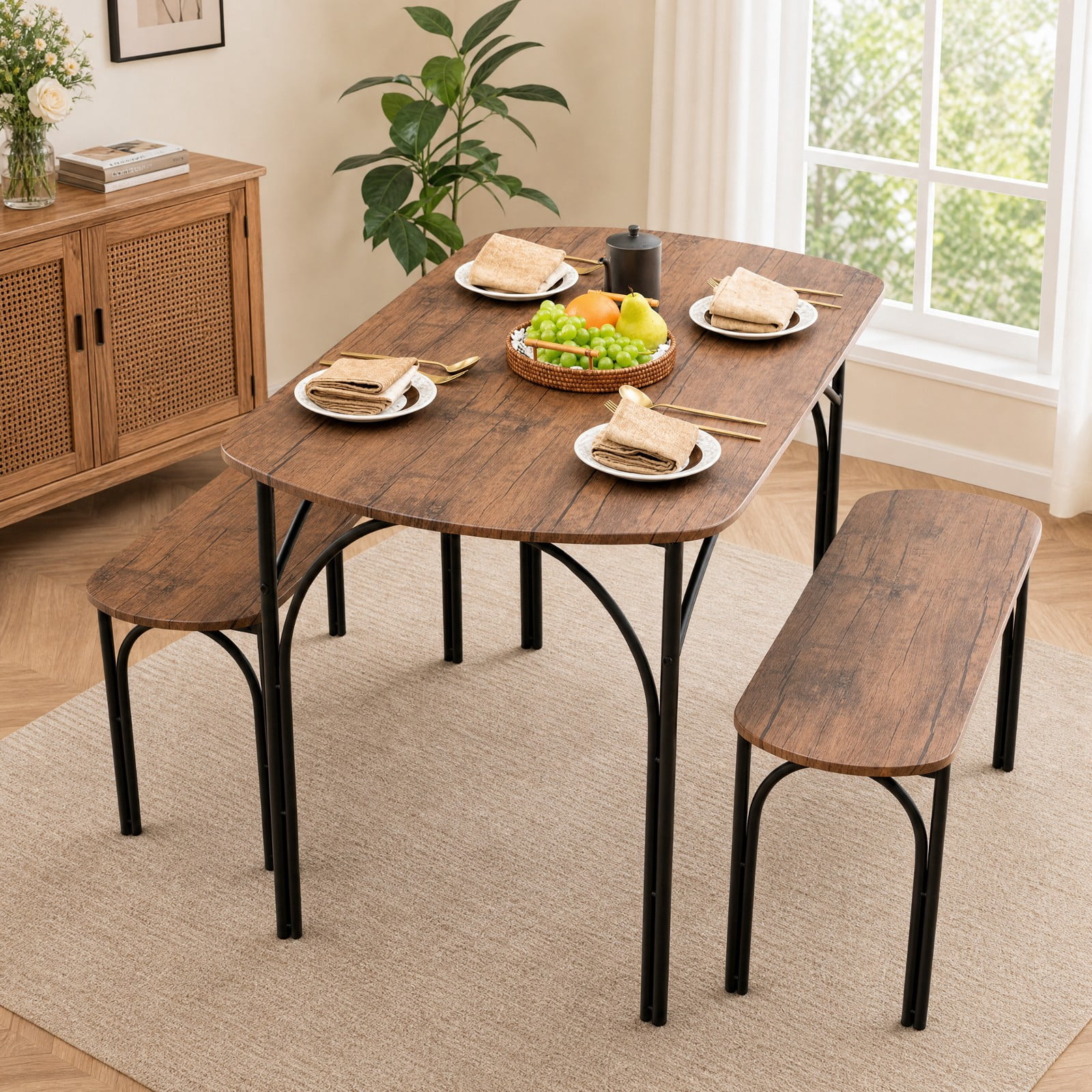 Furnibear 3 Piece Rectangular Dining Table Set for 4 with 2 Benches and Powder Coated Metal Frame for Kitchen and Apartment, Brown