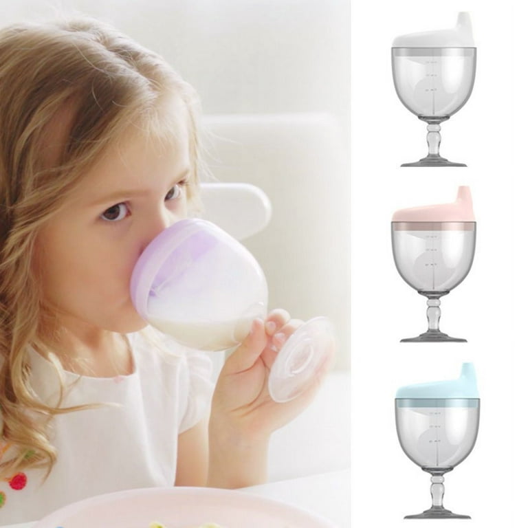 Baby Wine Sippy Cup - Plastic Wine Glass Goblet Beverage Mug Milk Bottle  with Lid for Kids on Birthday Party Celebration (5oz) (Blue) 