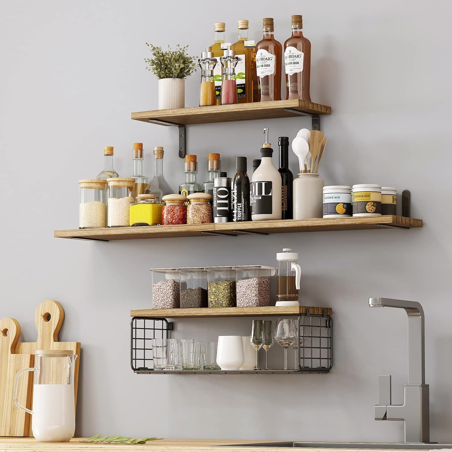 4+1 Tier Floating Shelves, Bathroom Shelves Over Toilet with Wire Storage Basket (Brown)