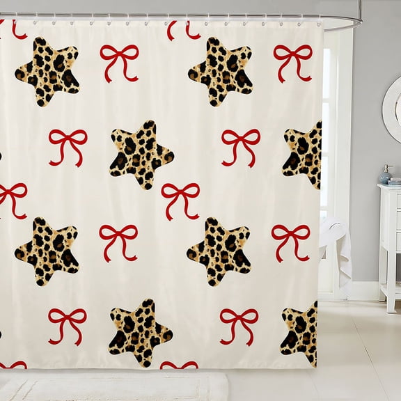 Manfei Cute Leopard Stars Print Shower Curtain 72Wx72L,Cartoon Red Bows Bathroom Curtain