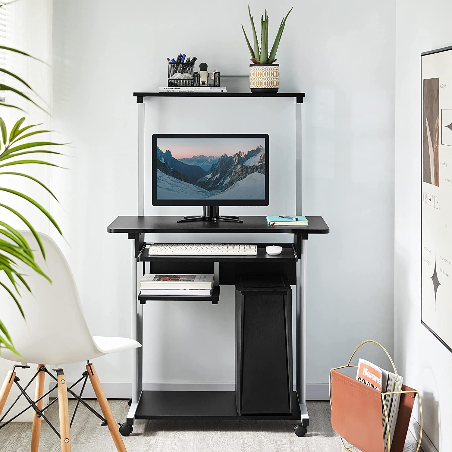 JessieMal 2 Tier Mobile Computer Desk with Printer Shelf & Keyboard Tray Rolling Computer Table for Small Spaces, Compact Study Workstation with Wheels, Space Saving, Black