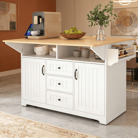 55.7" Rolling Kitchen Island with 2 Drop Leaf and Power Outlet | Large Kitchen Cart on 5 Wheels with 3 Drawers, Spice & Towel Rack for Kitchen, Dining Room