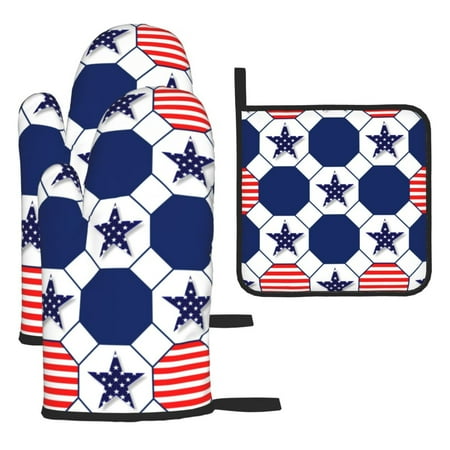 

Kitchen Baking 3 Piece Set Microwave Heat Proof Hand Set Oven Mitts For Kitchen Open Lid Microwave Oven Dishes Outdoor Barbecue 4th July Blue Red Star