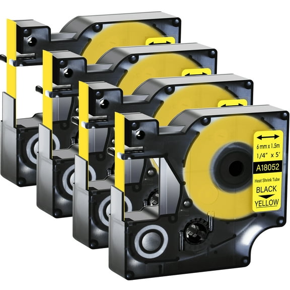 GREENCYCLE 4PK Industrial Rhino Heat Shrink Tubes Compatible for DYMO 18052 6mm 1/4" Black on Yellow Cable Label Tape
