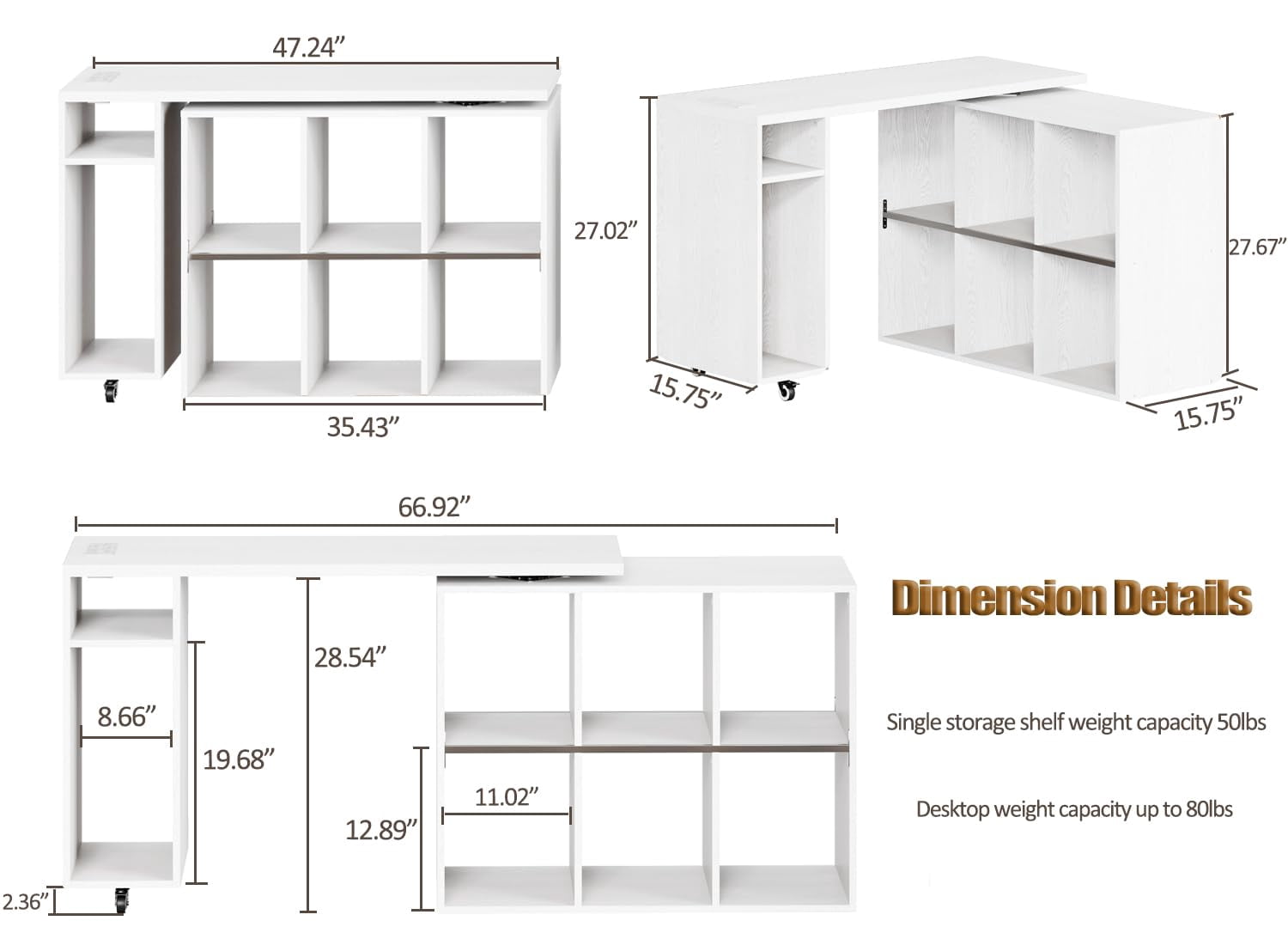 BOSHIRO L-Shaped Rotating Desk with Power Outlets & 6 Shelves – 360° Swivel Computer Table for Home Office (White)