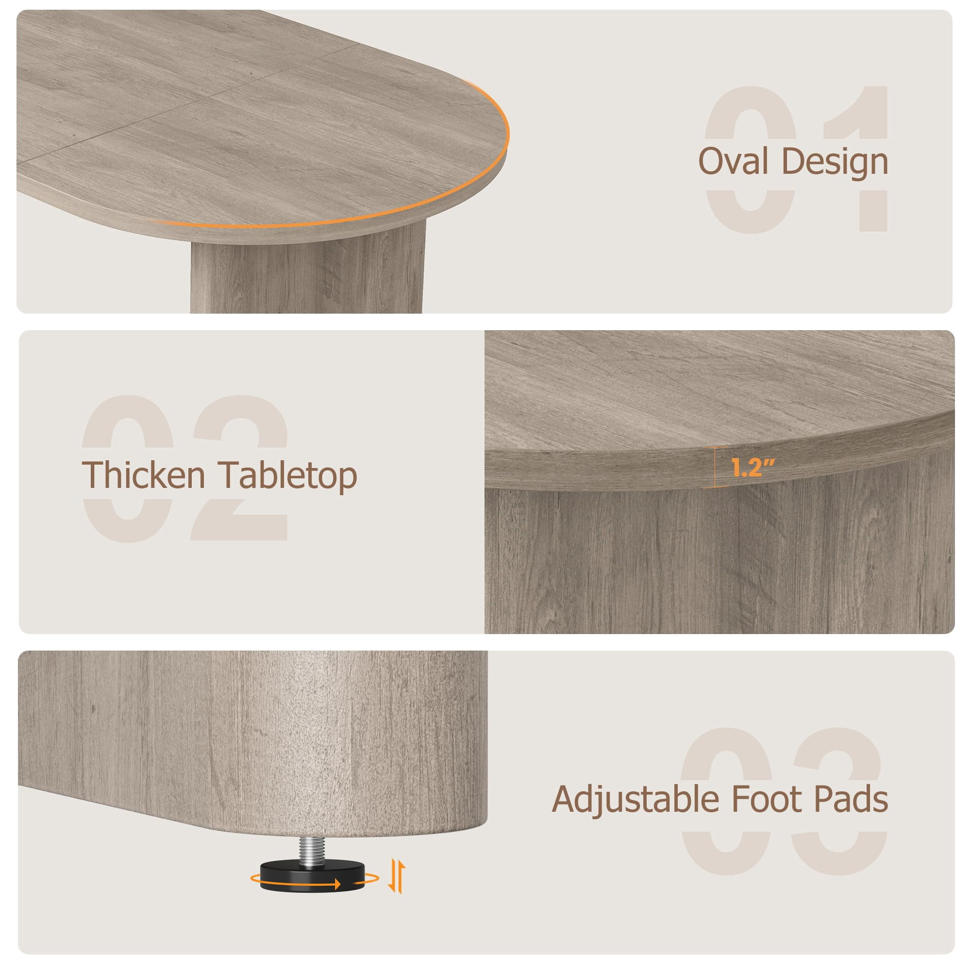 Kicctian Oval Dining Table for 6-8, Spacious Tabletop with Thick Sturdy Wooden Base, Versatile Kitchen Table for Dining Room, Living Room or Kitchen,Gray Walnut Color