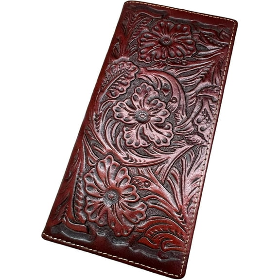 Western Stakes Leather Long Wallet Floral Embossed Bi Fold Tooled Soft Leather Checkbook Style Cowboy Hand Crafted High End Mens Wallets Leather Gifts For Men (Coffee)