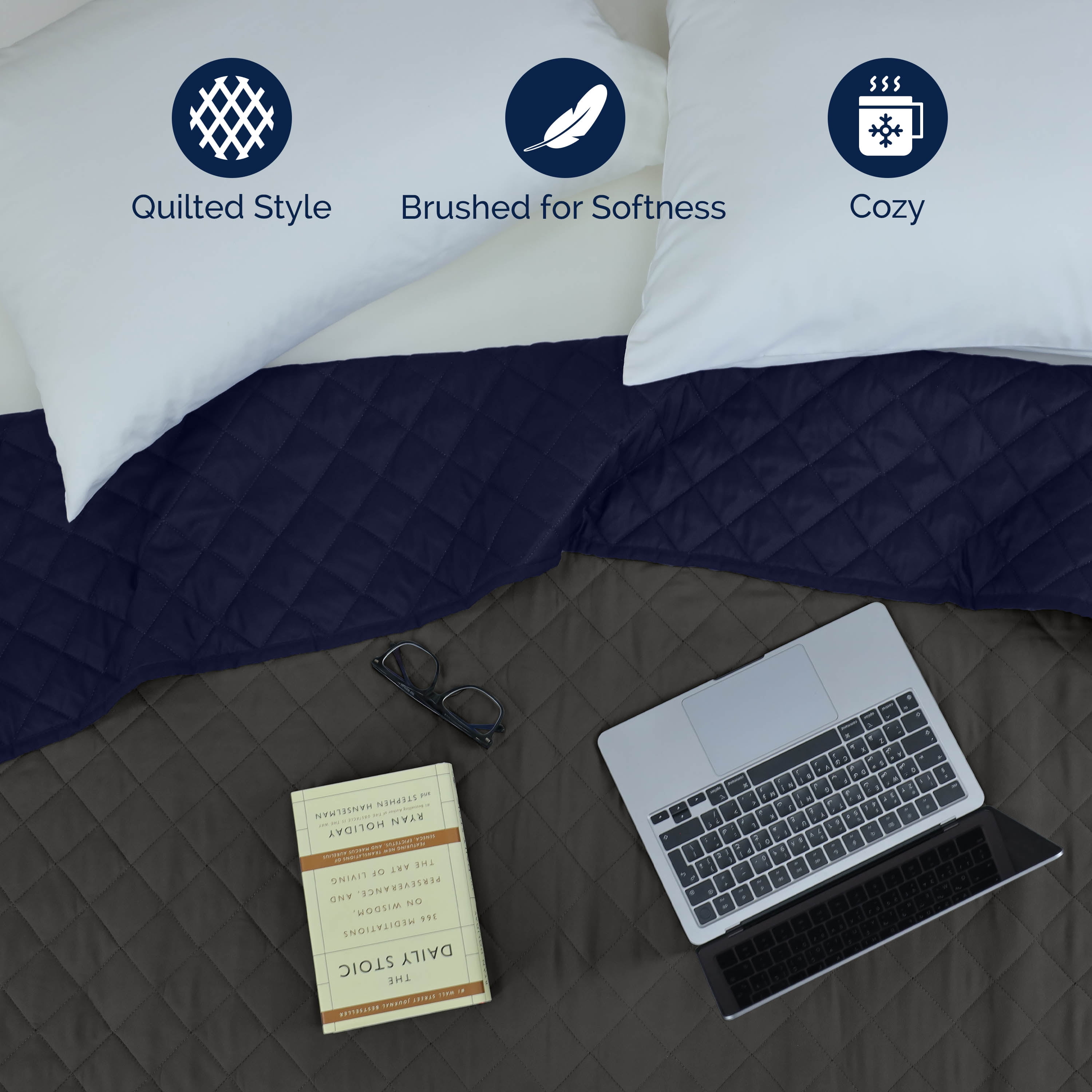Martex Twin Reversible Coverlet | Lightweight Soft Easy Care Quilt | Graphite/Navy