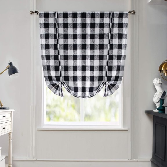 DriftAway Tie Up Curtain Buffalo Checker Printed Plaid Pattern Blackout Lined Thermal Insulated Blackout Window Adjustable Balloon Curtain, 45" x 63", Black