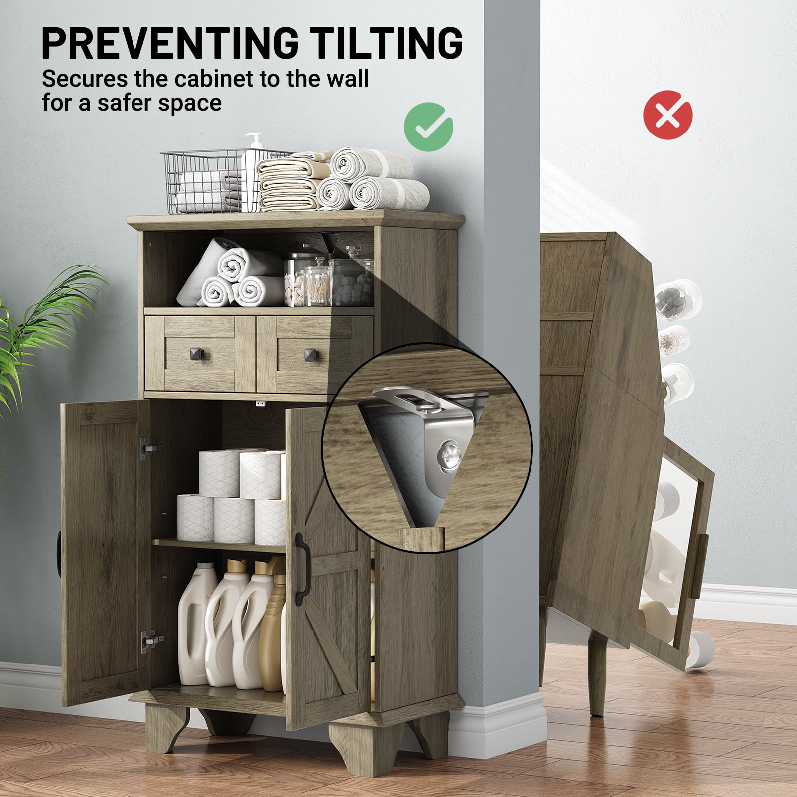 Farmhouse Bathroom Storage Cabinet, Freestanding Bathroom Floor Cabinet with Doors and Drawers, 41.3" H Bathroom Organizer with Adjustable Shelf, Gray