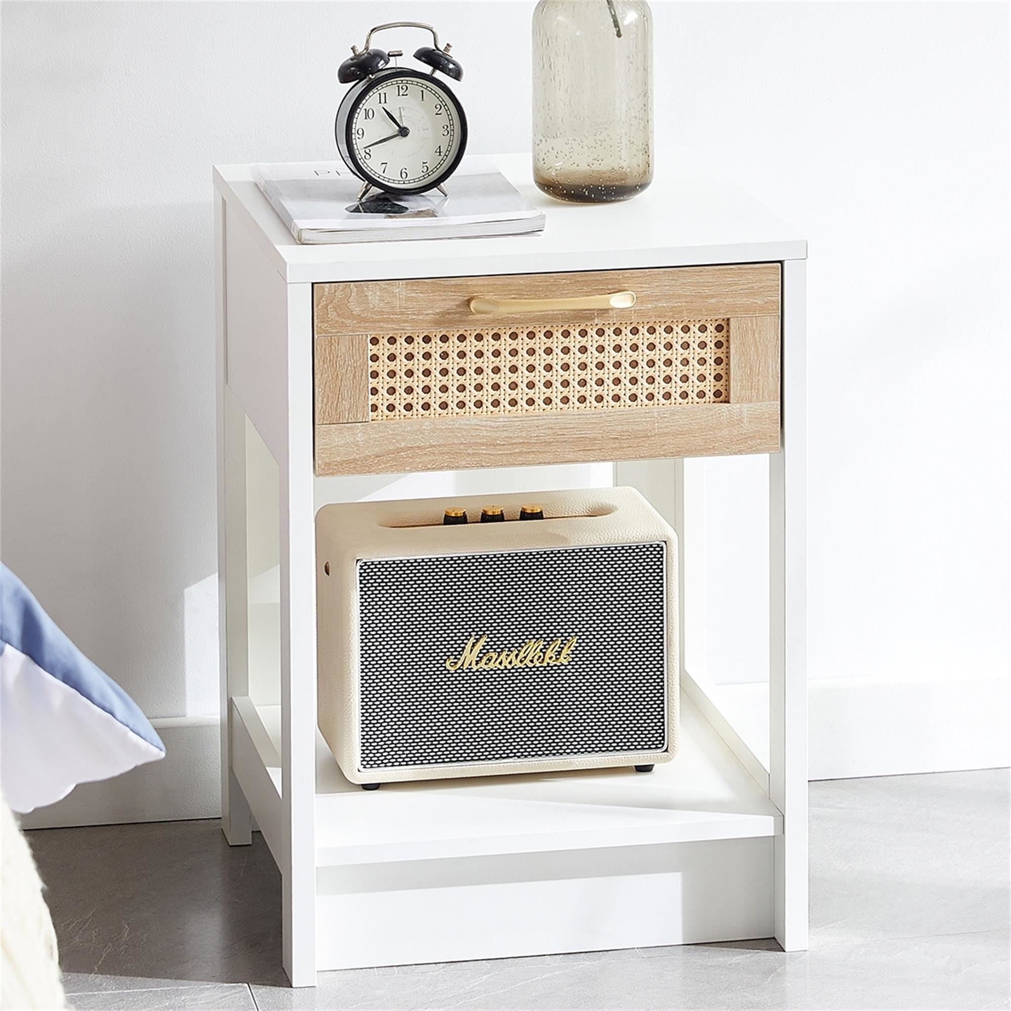 Kadyn Rattan Side Table, 15.75" Bedside End Table with Drawer, Modern Farmhouse Nightstand for Living Roon, White Kadyn Rattan Side Table, 15.75" Bedside End Table with Drawer, Modern Farmhouse Nightstand for Living Roon, White