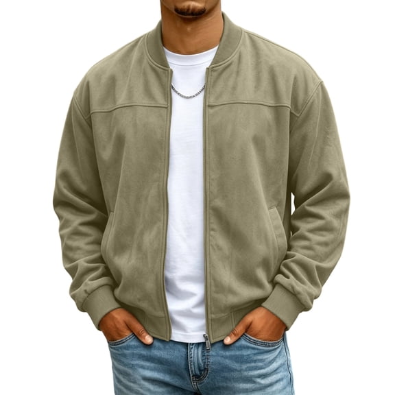 Rexolia Mens Cotton Jacket Lightweight Full Zip Windproof Stand Collar with Pockets Outdoor Hiking Fall Army Green L