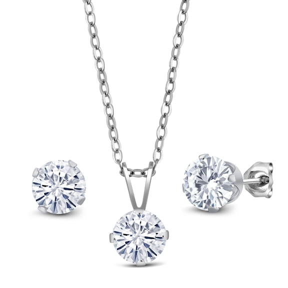 Gem Stone King 2.40 Cttw White Moissanite Pendant and Earrings Jewelry Set | 925 Sterling Silver | 6MM Round  | With 18 inch Chain
