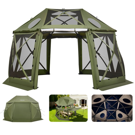 VEVOR Pop up Gazebo Screen Tent, 13 x 13 ft, 13-Sided Spherical Camping Canopy Tent with Removable Top & Carry Bag, Quick-Set & Bite-Proof, Screen House Sun Shelter for 10-12 Persons, Green