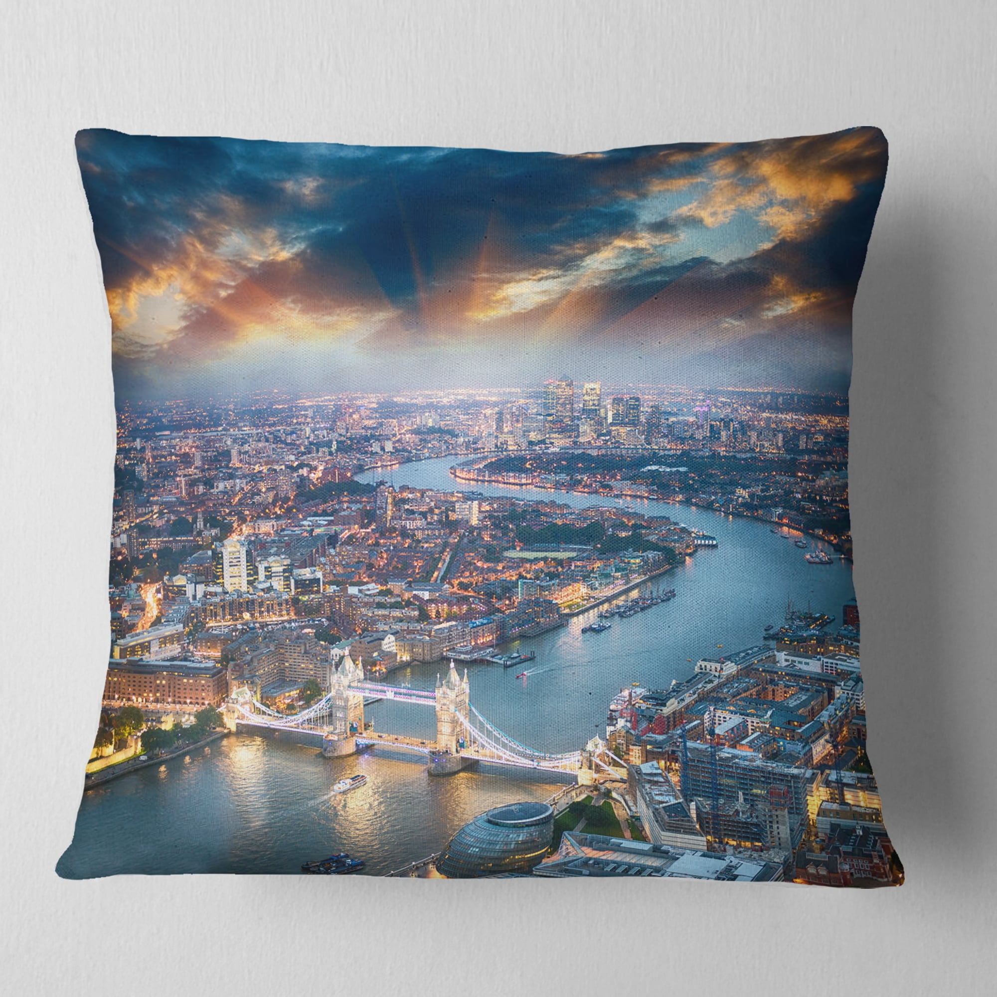 Designart Aerial View of London at Dusk - Cityscape Photo Throw Pillow - 16x16