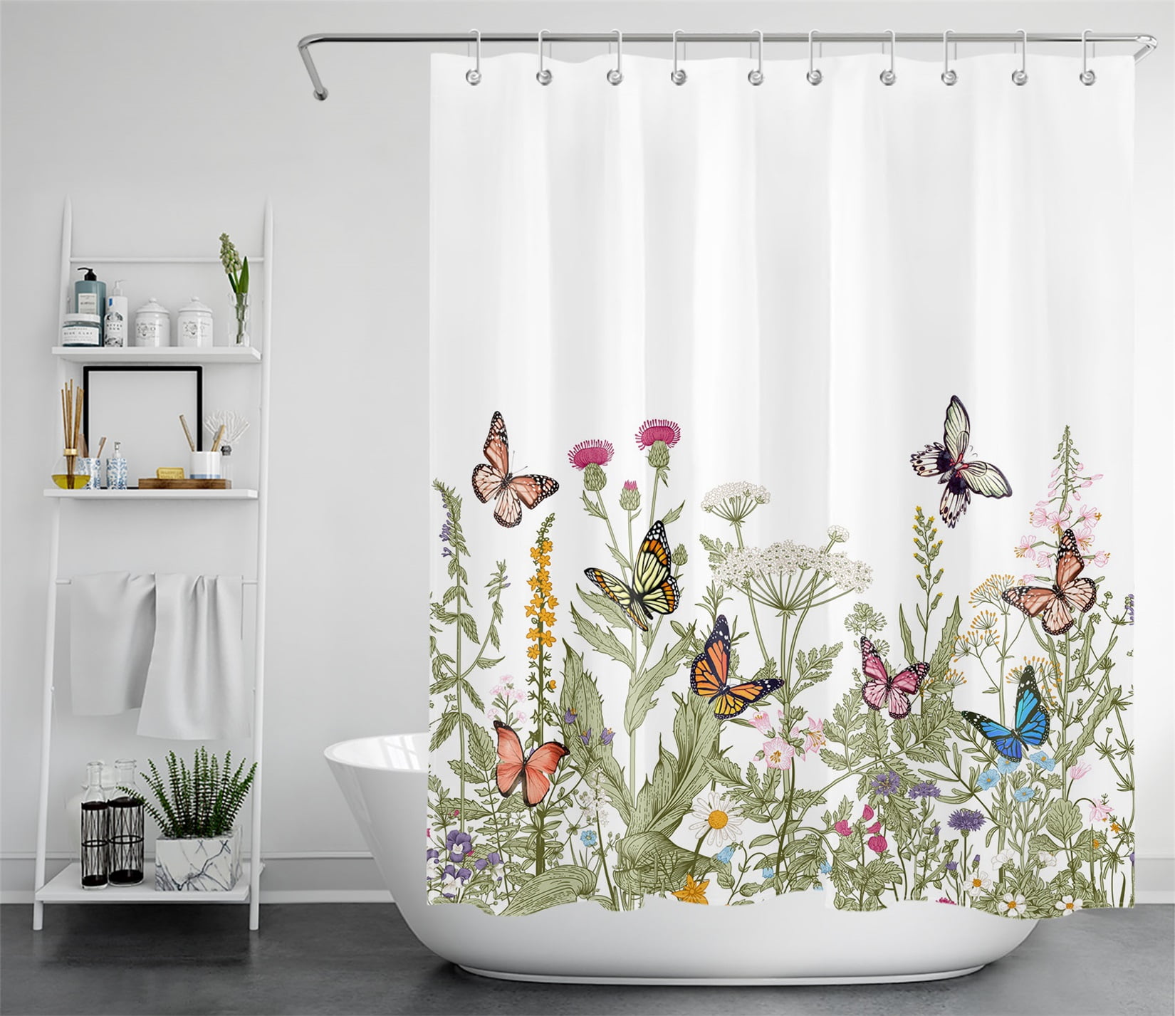 HVEST Flowers and Butterfly Shower Curtain for Bathroom,Watercolor Floral Plant Herb Decor Accessories Bath Curtain,Polyester Waterproof Fabric Shower Curtain with Hooks,60x72 Inches