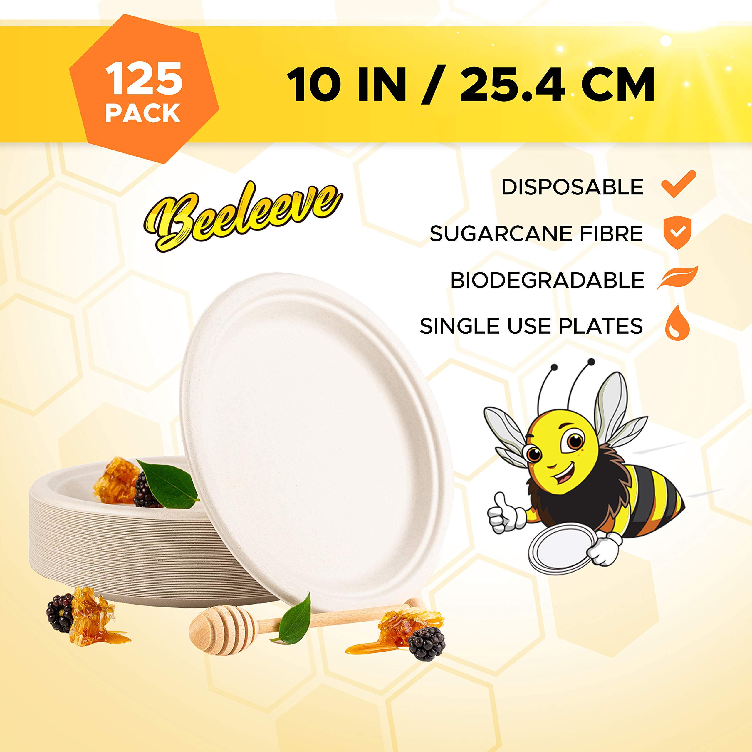Beeleeve [125-Pack / 10-Inch 100% Compostable AFN1Disposable Round Bagasse Paper Plates - Biodegradable Sugarcane Fibre - Strong Heavy Duty Rigid Design - Sustainable & Food-Grade - White