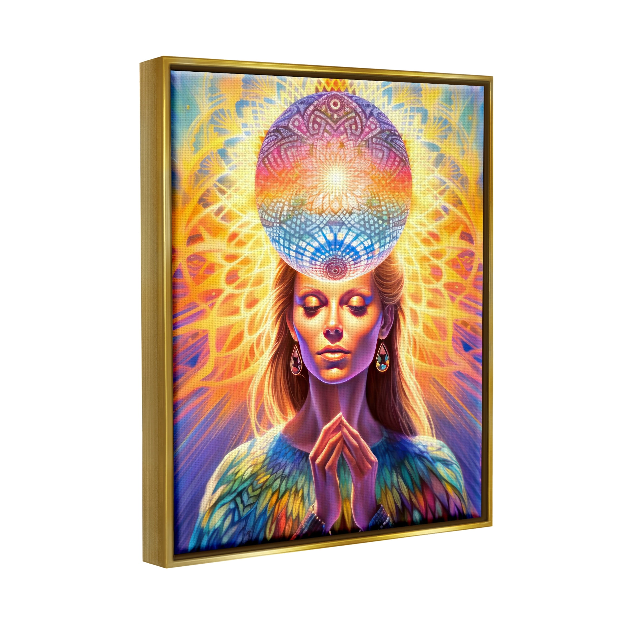 Stupell Industries Chakra Woman Fractals Abstract Painting Gold Floater Framed Canvas Art Print Wall Art, 17 x 21